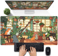Large Desk Mouse Pad Cute Cats Desk Mat, Extended Gaming Mouse Mat, Office Home Keyboard Pad, Green Plant Computer Mats XXL, Cute Full Desktop Mat, Anime PC Accessories for Women 31.5" x 15.75"