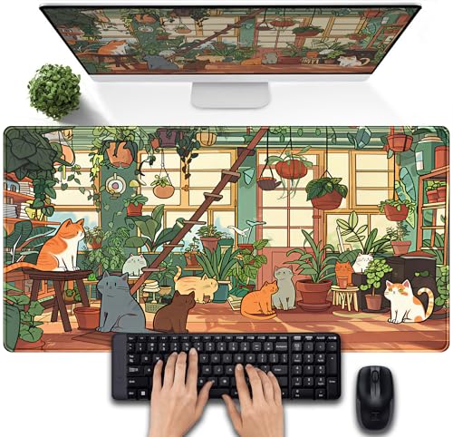 Large Desk Mouse Pad Cute Cats Desk Mat, Extended Gaming Mouse Mat, Office Home Keyboard Pad, Green Plant Computer Mats XXL, Cute Full Desktop Mat, Anime PC Accessories for Women 31.5" x 15.75"