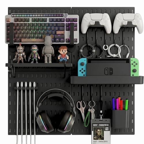 Peg Board Wall Organizer for Gaming Setup, Pegboard with Adhesives & Screw Mounts, Includes Peg Board Accessories for Gaming Accessories, Tech Storage & Office Organization (Black, 22″×22″)