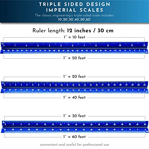 12-Inch Architectural and Engineering Scale Ruler Set (Imperial) | Laser-Etched Aluminum Triangular Drafting Tool | for Architect and Civil Engineer Blueprints | Standard Metal Ruler Included - view 5