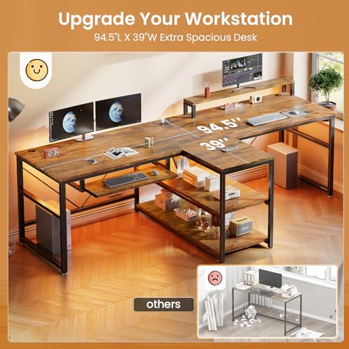 94.5" 2 Person Gaming Desk with Storage Shelf,LED Light,Rustic Brown - view 3