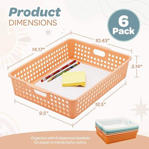 6 Pack Classroom Paper Baskets, Organizing Desk Boho Tray for A4 Papers, Classroom Storage Plastic Paper Bins, Fun Turn In Trays for Teachers and Students, Office Desk Room Trays - view 3