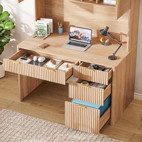 67" H Executive Desk with Fluted Drawers,4 Drawers Fluted ComputerDesk,Wood Workstation with Hutch and BarnDoors for Work and Study,Oak - view 4