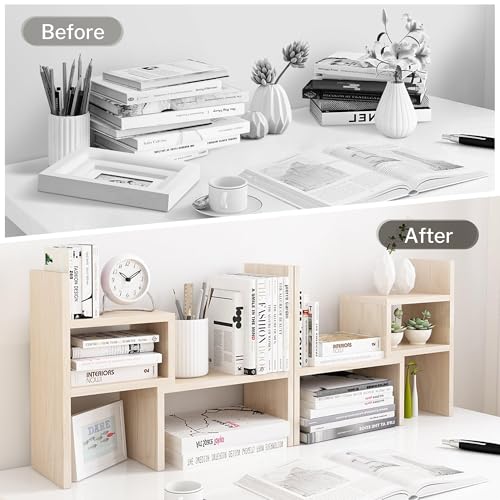 Desktop Organizer Office Storage Rack Adjustable Wood Display Shelf, White, 5 Units, 16"L x 15.8"H x 6.8"W - view 4