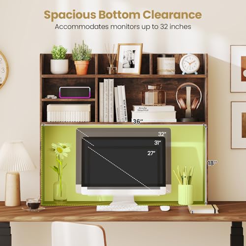 Desk Hutch, 37" Desktop Bookshelf with 6 Shelves, Wooden Desktop Organizer Display Rack with Adjustable Shelf, 3 Tier Desk Topper for College Dorm, Hutch Top Only - view 5