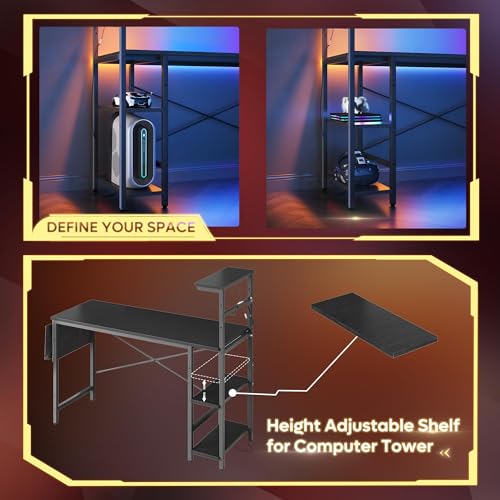 Gaming Desk with LED Lights, 51.3 Inch Computer Desk with 4 Tiers Reversible Shelves, Home Office Writing Desk with Side Storage Bag, Hooks and Height Adjustable Shelf (Black Grained) - view 6