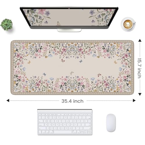 Beige Floral Desk Pad, Large Keyboard Mat Stitched Edge Surface - view 2
