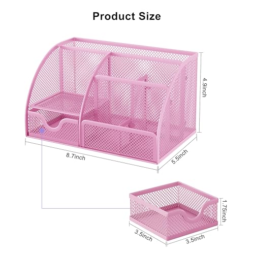 Mesh Desk Organizer with Drawer Multi-functional Pen Holder Stationery Organizer for Office School Supplies 6 Compartments Dorm Organizers and Storage for Desk, Light Pink - view 7