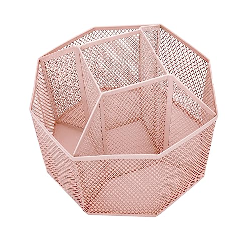Mesh Desk Organizer Rotate with 5 Compartments Spinning Tidy Candy/Pen Holder Office, Art Supply, Storage, Classroom, Home (Light Pink) - view 4