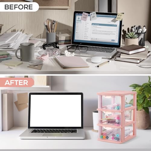 Pink Drawer Storage Box - 3 Drawer Plastic Organizer for Desk Makeup Stationery and Small Items - 9.05 X 6.88 X 5.31 Inch - view 4
