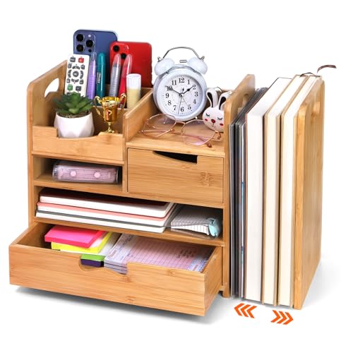 Bamboo Desk Organizer with Adjustable File Holder, Mail Organizer Countertop with Drawer, 4-Tier Desktop Organization and Desk Accessories for Home Office School Supplies, No Assembly Required