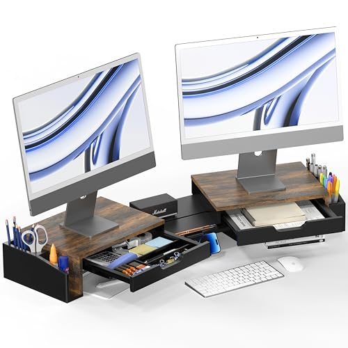 Desk Dual Monitor Stand Riser with 2 Drawers, Rustic Brown