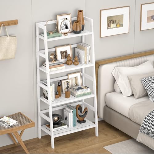 White Ladder Shelf, Bamboo 4-Tier Bookshelf & Bookcase Organizer - view 4