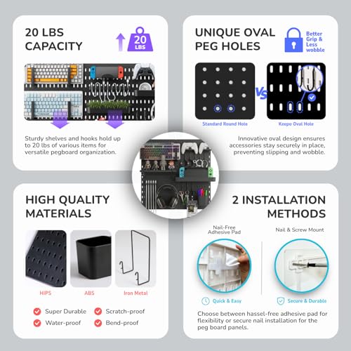 Peg Board Wall Organizer for Gaming Setup, Pegboard with Adhesives & Screw Mounts, Includes Peg Board Accessories for Gaming Accessories, Tech Storage & Office Organization (Black, 22″×22″) - view 6