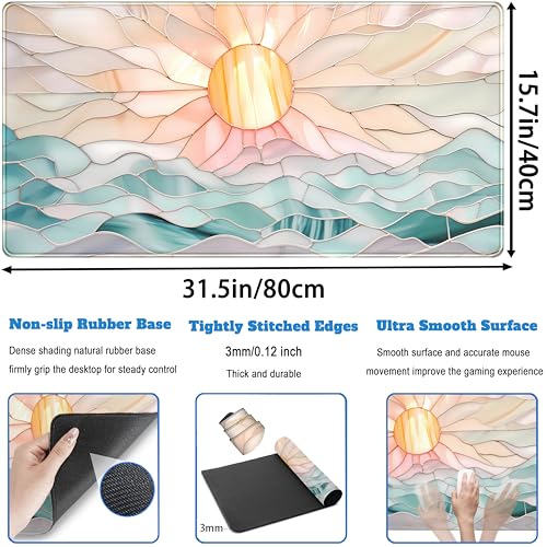 Desk Mat Gaming Desk Pad Large Mouse and Keyboard Pad, Abstract Serene Ocean Sunrise Mouse Mat XXL, Pastel Desk Protector Mat Computer Mats for Desktop Sun & Waves Office Decor 31.5" x 15.7" - view 4