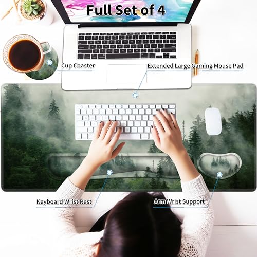 Forest Desk Pad Large Gaming Mouse Pad Set 35.4 x 15.7 with Keyboard Wrist Rest, Wrist Support, and Coaster Memory Foam Smooth Desk Pad Mousepad for Home Office School - view 3