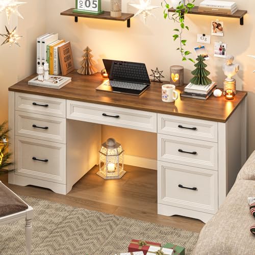 Farmhouse Executive Desk, Wood Home Office Desk with 2 Large File Drawers and 5 Storage Cabinets, Rustic Writing Desk for Work and Study, Brown - view 4