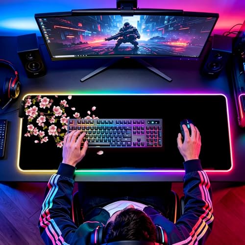 RGB Japanese Cherry Blossom Gaming Desk Mat, Sakura XL Mouse Pad - view 7