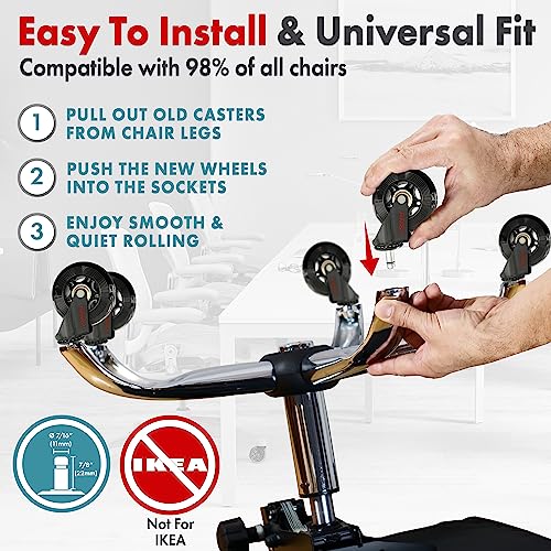 Office Chair Wheels Replacement Set - Soft Desk Chair Casters for Wood Hardwood Floors & Carpet - Heavy Duty & Safe For All Floors Without Chair Mats - Fits 98% Computer Gaming & Office Chairs - Black - view 5