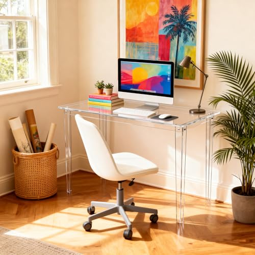 Clear Acrylic Writing Desk & Modern Round Acrylic Side Table Bundle, 2-Piece All-Clear Transparent Furniture Set for Home Office, Living Room, Bedroom & Lobby, Space Saving Easy Assembly Combo - view 2