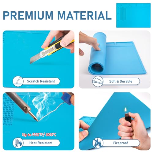 Heat Resistant Soldering Mat - Blue Magnetic Silicone Work Mat with Scale Ruler and Screw Position, Silicone Soldering Repair Mat for Soldering, Phone, Laptop, Tablet, Watch Repair(13.8''×9.8'') - view 3
