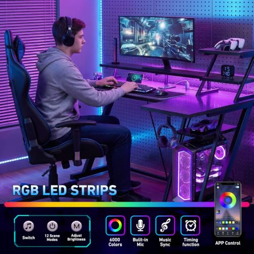 40 Inch Gaming Desk with LED & Power Outlet, Carbon Fiber Black - view 5