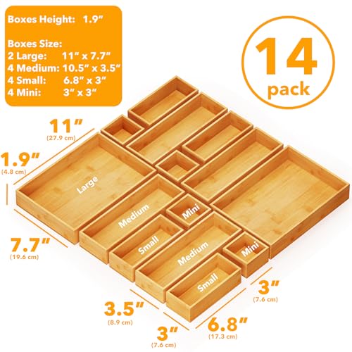 14-Piece Bamboo Drawer Organizer Storage Boxes Set, Wood Tray Junk Drawer Organizers Multi-Use Divider Bins for Kitchen, Bathroom, Office Desk and Makeup Organization (14 Pack, Natural) - view 3