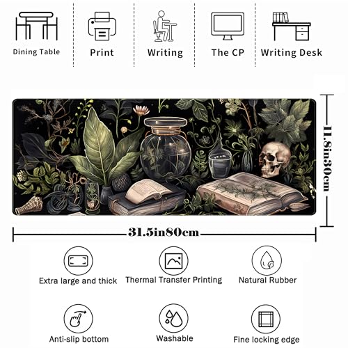 Dark Academia Desk Mat Mouse Pad XL Extended Large Gaming Desk Pad Mousepad, Mystical Green Plant Computer Laptop Keyboard and Mouse Mat, Desktop Protector Mat for Women Girl Office 31.5x11.8 in - view 2