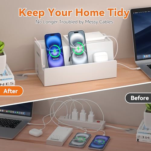 Bamboo Cable Management Box, White, 31X14X15.5CM - view 2