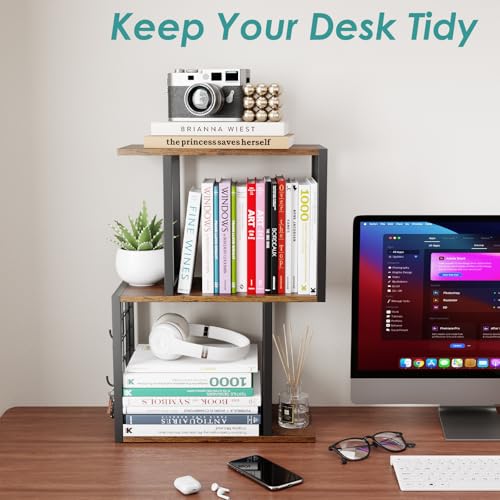 Desktop Bookshelf,3-Tier Desk Organizer Shelf with Hooks Desk Organization Deals for Office Storage Rustic Brown - view 5