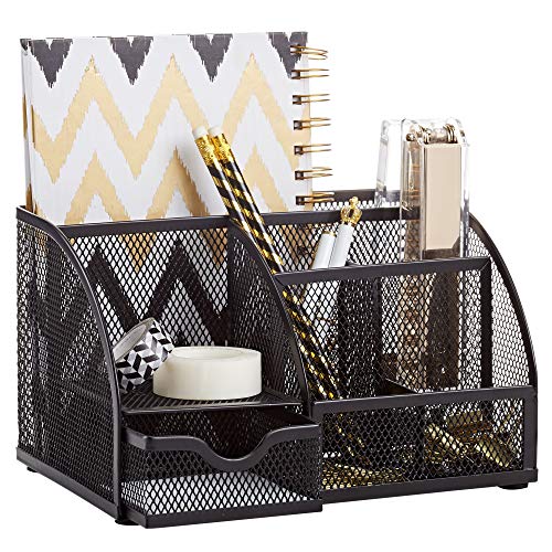 Mesh Desk Organizer Office with 7 Compartments + Drawer/Desk Tidy Candy/Pen Holder/Multifunctional Organizer (Black)
