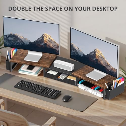 Desk Organizers and Accessories, Dual Monitor Stand Riser with Drawer and 2 Pen Holders, Desk Shelf Computer Racks & Printer Stand for Office Workspace Organizers, Desktop Organization (Rustic Brown) - view 3