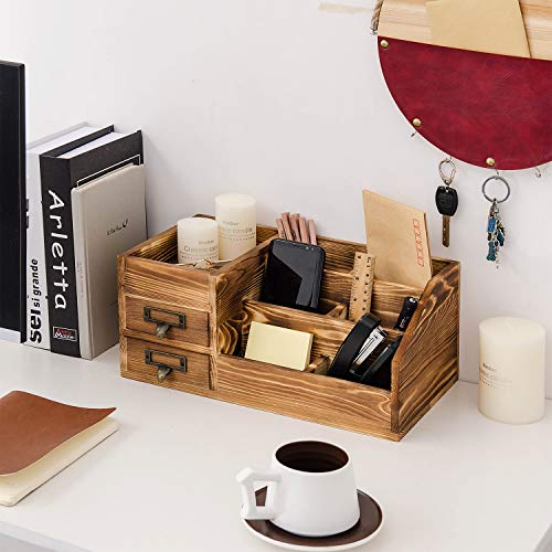 Liry Products Rustic Wooden Desktop Organizer Office Supplies Brown Tabletop Storage Cabinet Stepped Rack Multiple Compartments 2 Tier Drawers Makeup Accessory Jewelry Sorter Display Box Home Office - view 6