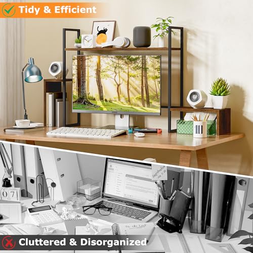 LED Desk Shelf Organizer with RGB Light Strip, 2-Tier Desktop Shelf for Computer Monitor, Sturdy Metal Frame & Wood Shelves - Desk Hutch Bookshelf for Home Office, Dorm, Gaming (Brown) - view 4