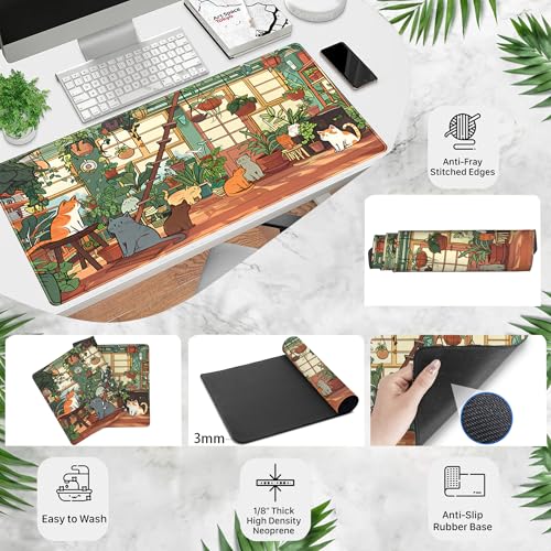 Large Desk Mouse Pad Cute Cats Desk Mat, Extended Gaming Mouse Mat, Office Home Keyboard Pad, Green Plant Computer Mats XXL, Cute Full Desktop Mat, Anime PC Accessories for Women 31.5" x 15.75" - view 3