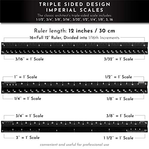 12-Inch Architectural and Engineering Scale Ruler Set (Imperial) | Laser-Etched Aluminum Triangular Drafting Tool | for Architect and Civil Engineer Blueprints | Standard Metal Ruler Included - view 4