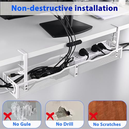 Under Desk Cable Management Box 25.3 Inch – Clamp-Mounted Cable Organizer Tray, Large Cord Management Box for Office & Home, Wire Organizer Under Desk Storage, White - view 3
