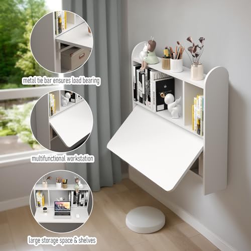 Wall Mounted Drop-Leaf Table, Floating Laptop Desk, Folding Table with Shelves, Multifunctional Computer Workstation with Storage Compartments in Home Office for Space Saving (White) - view 4