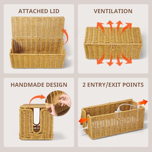 Cable Management Box, Handwoven Synthetic Rattan Cable Organizer, 2 Side Open Slots Cords Hider Box, Under Desk Cord Organizer for USB Wire, TV PC Charger & Power Strip, Natural - view 5