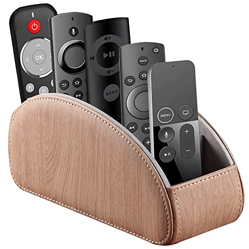 All-in-One Leather TV Remote Control Holder With 5 Compartments Nightstand Desktop DVD Media Player Remote Caddy Storage Box Organizer Tray For Makeup Brush Pen Stationary Table Controllers