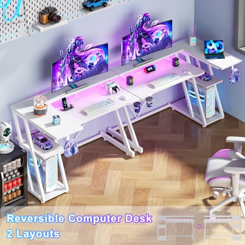40 Inch Gaming Desk with Power Outlet, LED, Carbon Fiber White - view 3