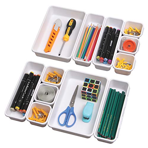 Set of 12 Interlocking Desk Drawer Organizer Tray Dividers Plastic Shallow Narrow Drawers Organizers Separators Storage Bins Container for Kitchen Bathroom Makeup Office Vanity Bedroom Dresser White