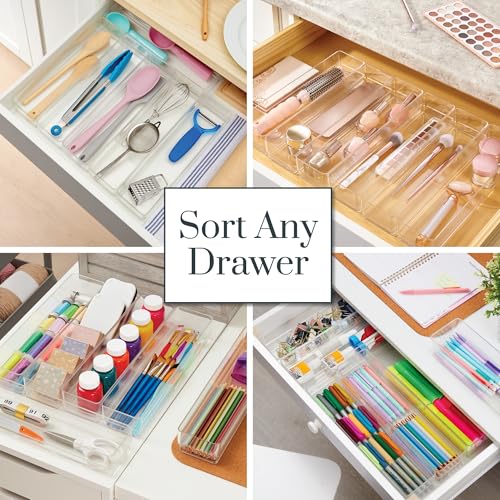 SimpleSort 6-Piece Stackable Clear Drawer Organizer Set | 12" x 3" x 2" Rectangle Trays | Narrow Makeup Vanity Storage Bins and Office Desk Drawer Dividers | Made in USA - view 4