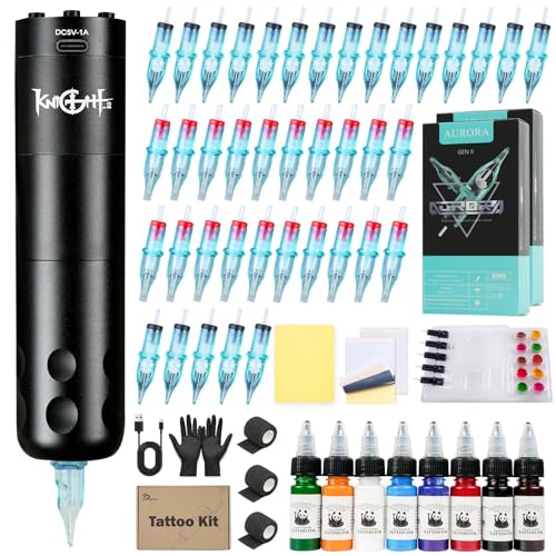 Knight2 Wireless Tattoo Machine Kit - 10,000 RPM Coreless Motor Rotary Pen, 1300mAh Battery for 8 Hours Use, 40 Cartridge Needles - Complete Starter Setup for Apprentices and Beginners