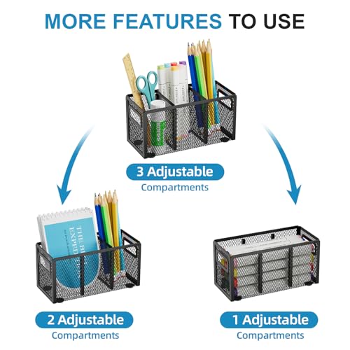 Mesh Pen Holder for Desk, Pencil Holder Desk Organizer 3 Adjustable Compartments, Pencil Cup with Handle Perfect for Classroom, Office, Home, Makeup, Art (Black) - view 3