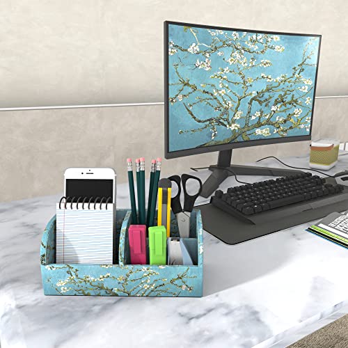 PU Leather Supply Organizer,Remote Control Holder Multifunctional Office Stationery Storage Box Organizer,Pencil Holders Organizers Table Top Desktop Desk Accessories(1-Peach Blossom) - view 4