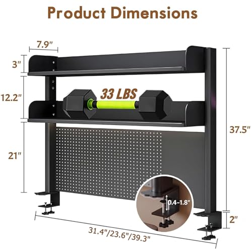 Clamp On Desk Pegboard Shelf - Metal Desktop Organizer Hutch with 2 Shelves - view 3