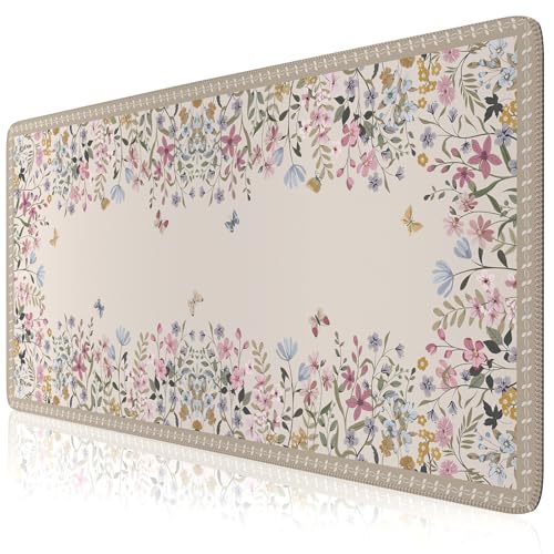 Beige Floral Desk Pad, Large Keyboard Mat Stitched Edge Surface