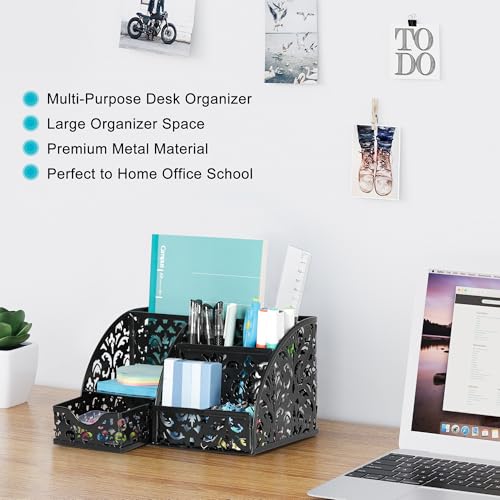 Desk Organizer and Pen Holder for Desk, Mesh Office Supplies Storage Caddy with Drawer for Small Space, Desktop Organizer for Home Office, Black - view 3