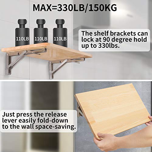 Folding Shelf Bracket 18",Heavy Duty Stainless Steel Collapsible Shelf-Bracket Max Load 330lbs Wall Mounted Table Support Hinge for Space-Saving DIY Work Bench with Install Screws, Pack of 2 - view 6